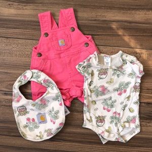 Carhartt Overall shorts set size 3 months Pink strawberries baby girl